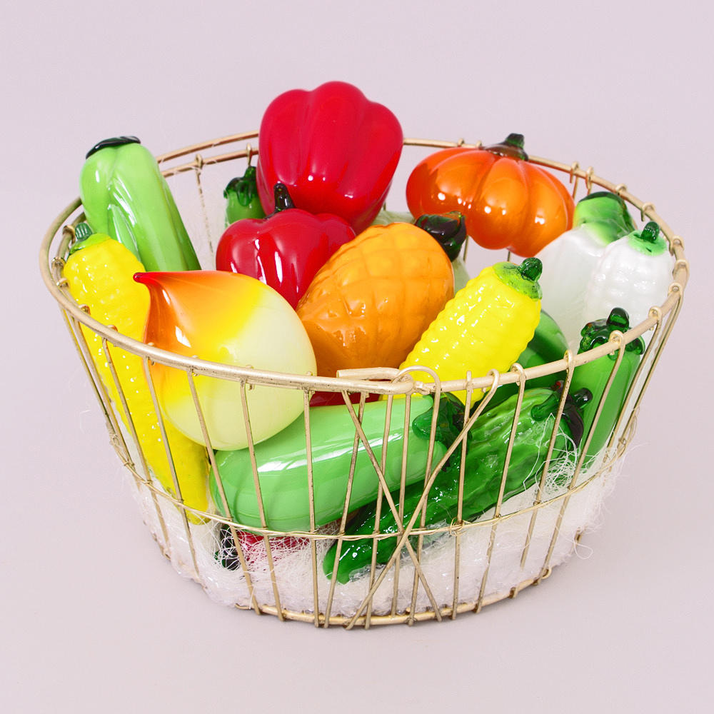 FRUKTKORG, glasfrukter i metallkorg.