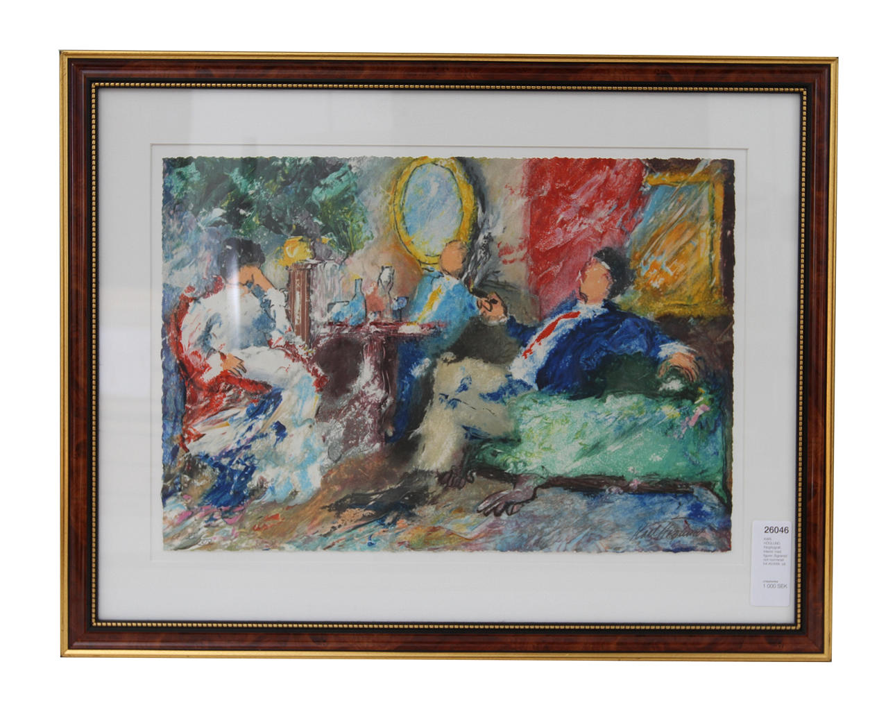 KARL HÖGLUND. Färglitografi. Interiör med figurer. Signerad och numrerad EA XV/XXIX.