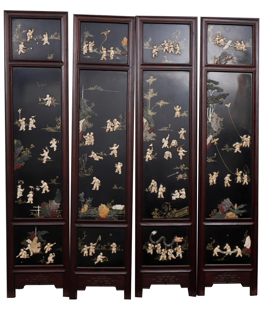 Chinese four-leaf folding screen in lacquered wood with hard stones ...