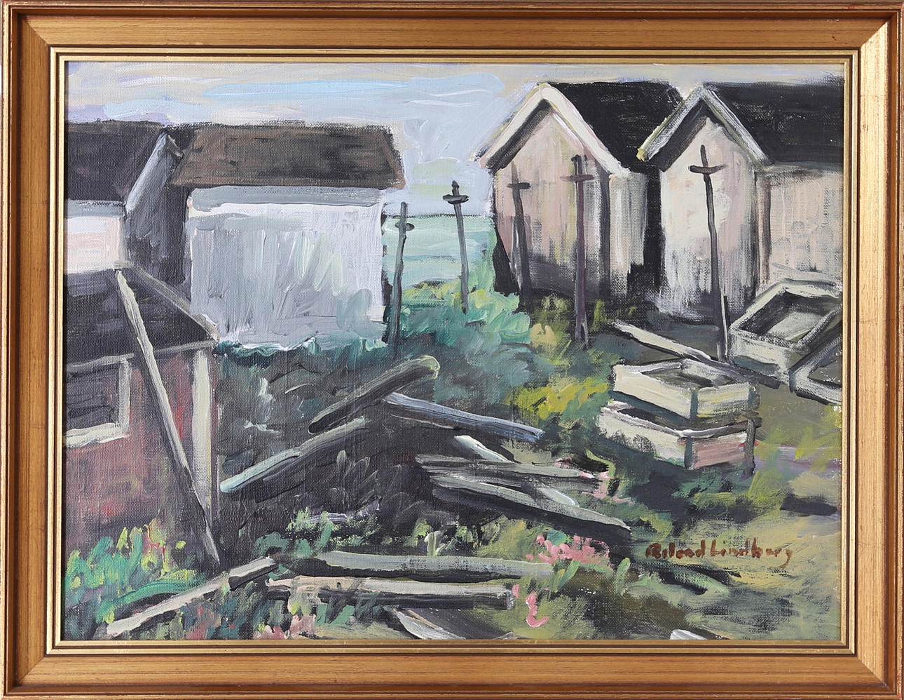 ROLAND LINDBERG. Fiskeläge, olja på duk, signerad.