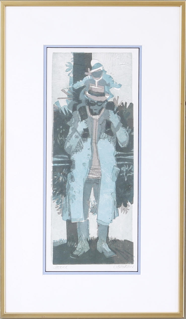 EBBE EBERHARDSON. Figurscen, färglitografi, särtryck, signerad.