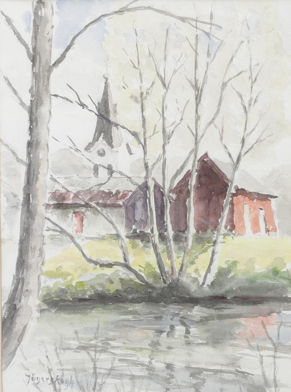 DAVID JÄGERSKOGH. Kirche am Fluss, Aquarell, signiert.