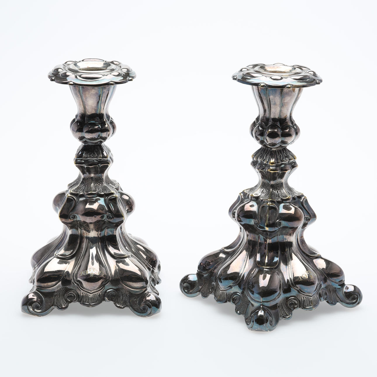 CANDLE STICKS, a pair, nickel silver, rococo style.