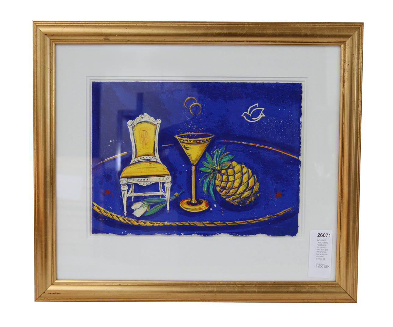 ING-BRITT LAGERBERG. Färglitografi. Komposition med stol, glas och ananas. Signerad och numrerad 57/190.