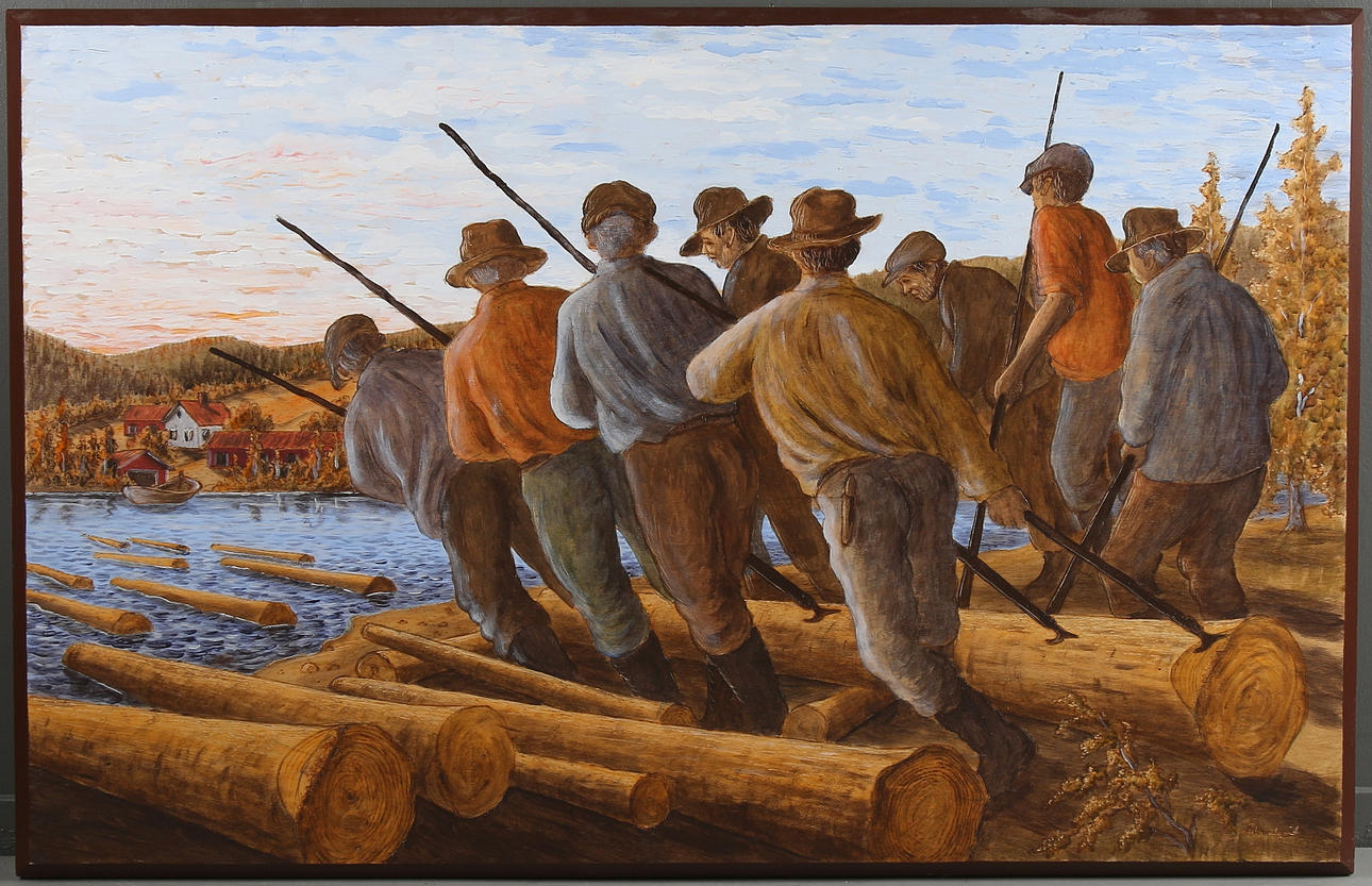 ROLF LUNDQVIST. Timmerflottning, blandteknik på träpanel, signerad. 1900-talets andra halva.