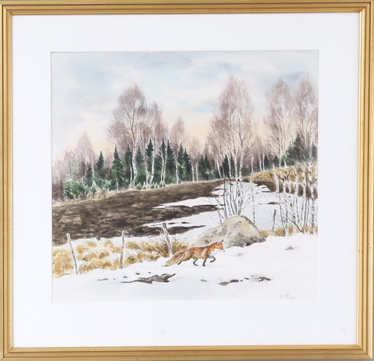 ROLF SVENSSON. Räv i vinterlandskap, akvarell, signerad och daterad, Rolf S 1983.