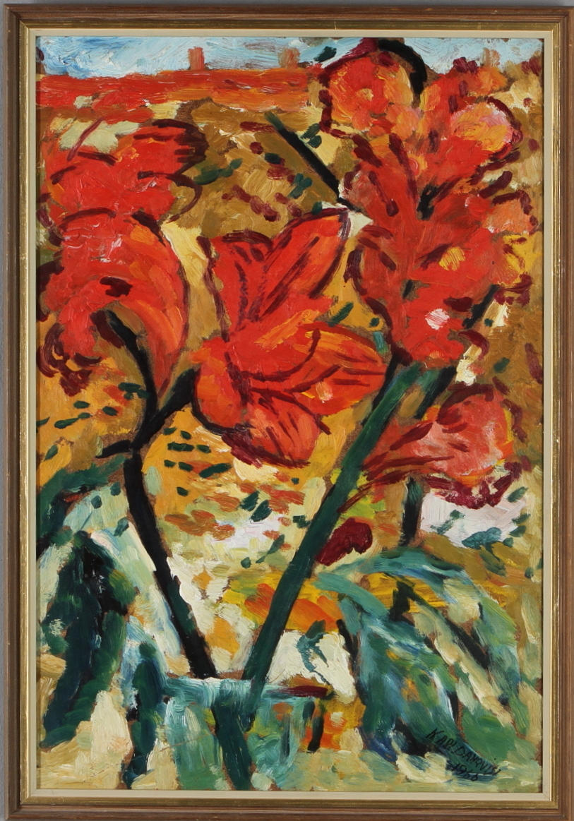 KARL DAHLQVIST. Stilleben med amaryllis. Olja på pannå. Signerad och daterad 1960.