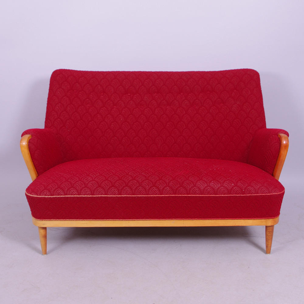 SOFFA, röd klädsel, 1900-talets mitt.