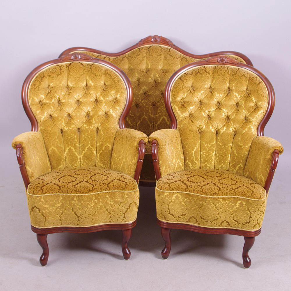 SALONGSGRUPP, mahogny/gul plysch, rokokostil, 1900-tal.