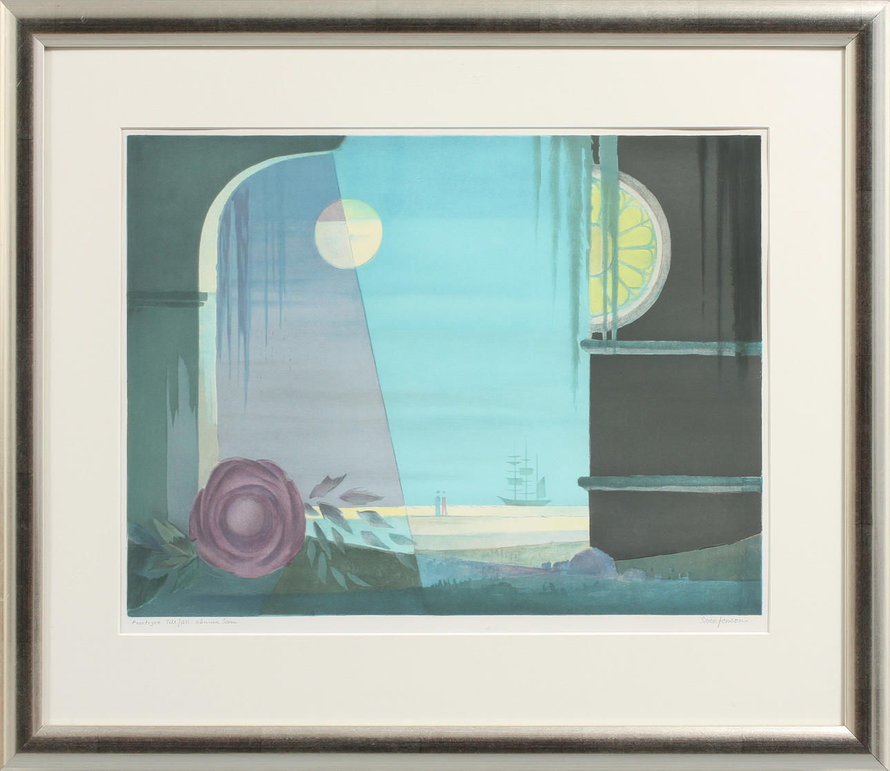 SVEN JONSON. Surrealistisk bild, färglitografi, provtryck, signerad.