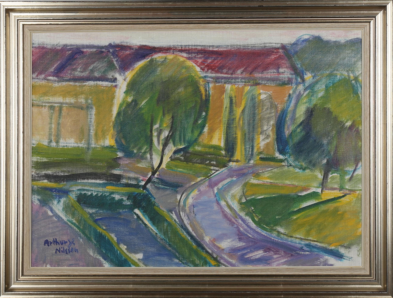 ARTHUR Y NILSSON. Olja på duk, hus i landskap, signerad.