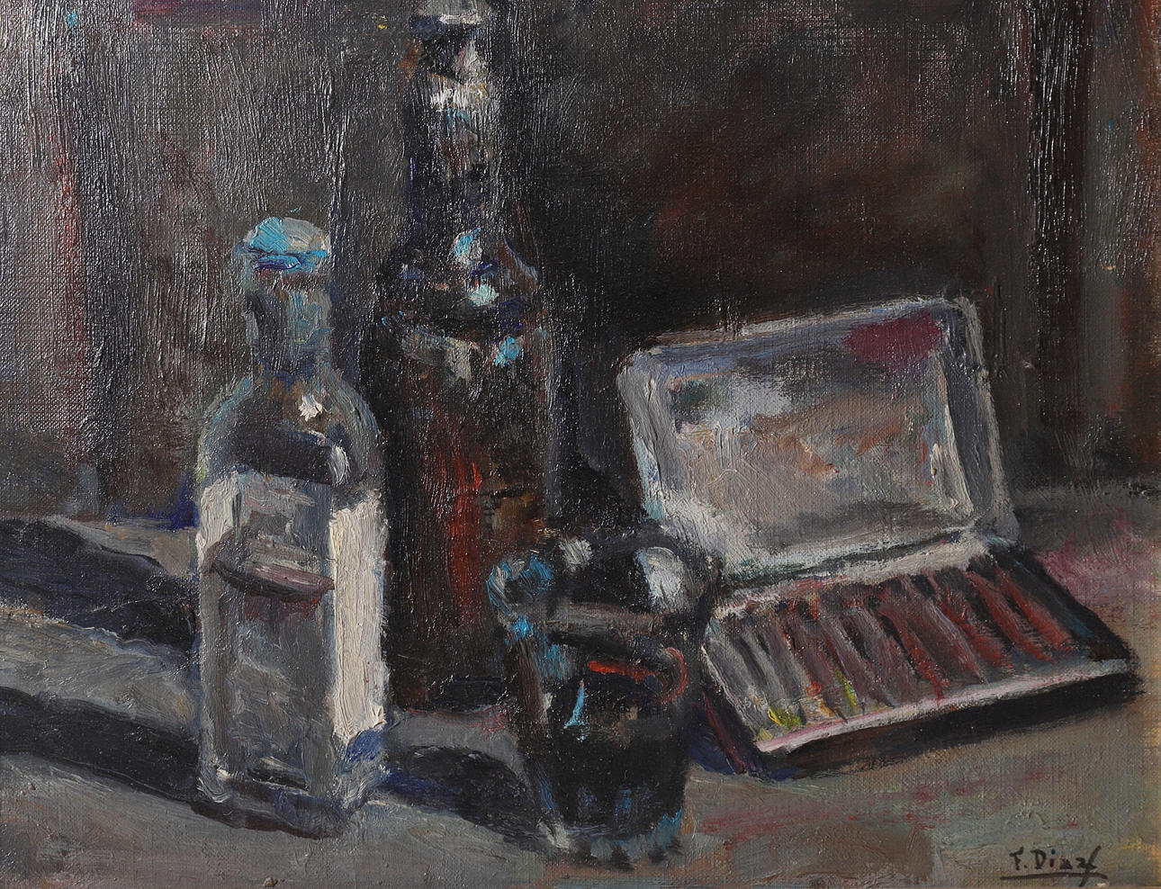 FRANCISCO DÍAZ SÁNCHEZ. "BODEGÓN" ÓLEO SOBRE CARTÓN.