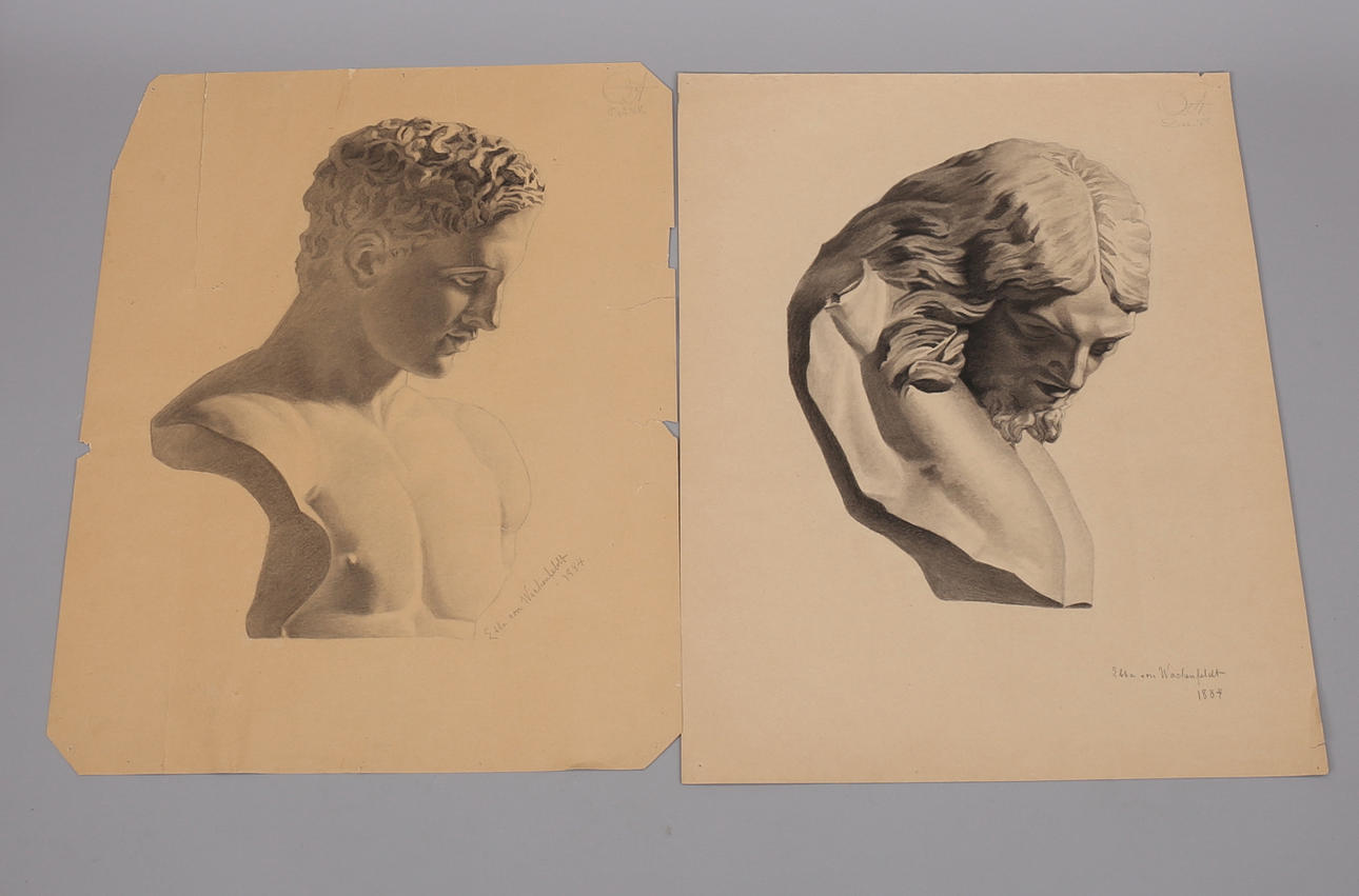 EBBA VON WACHENFELDT. Busts, 2 pcs, charcoal pencil, signed and dated 1884.