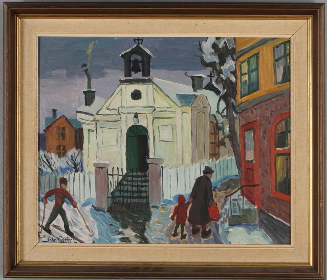 JOHN CARLSON. Alby kyrka, Lilla Alby - Sundbyberg, olja på pannå, signerad.