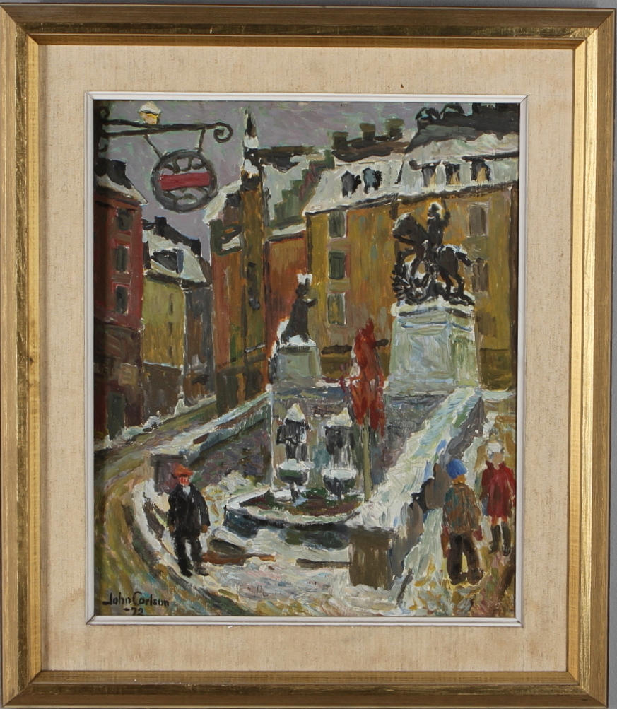 JOHN CARLSON. Sankt Göran och draken, Gamla stan, olja på pannå, signerad och daterad -72.