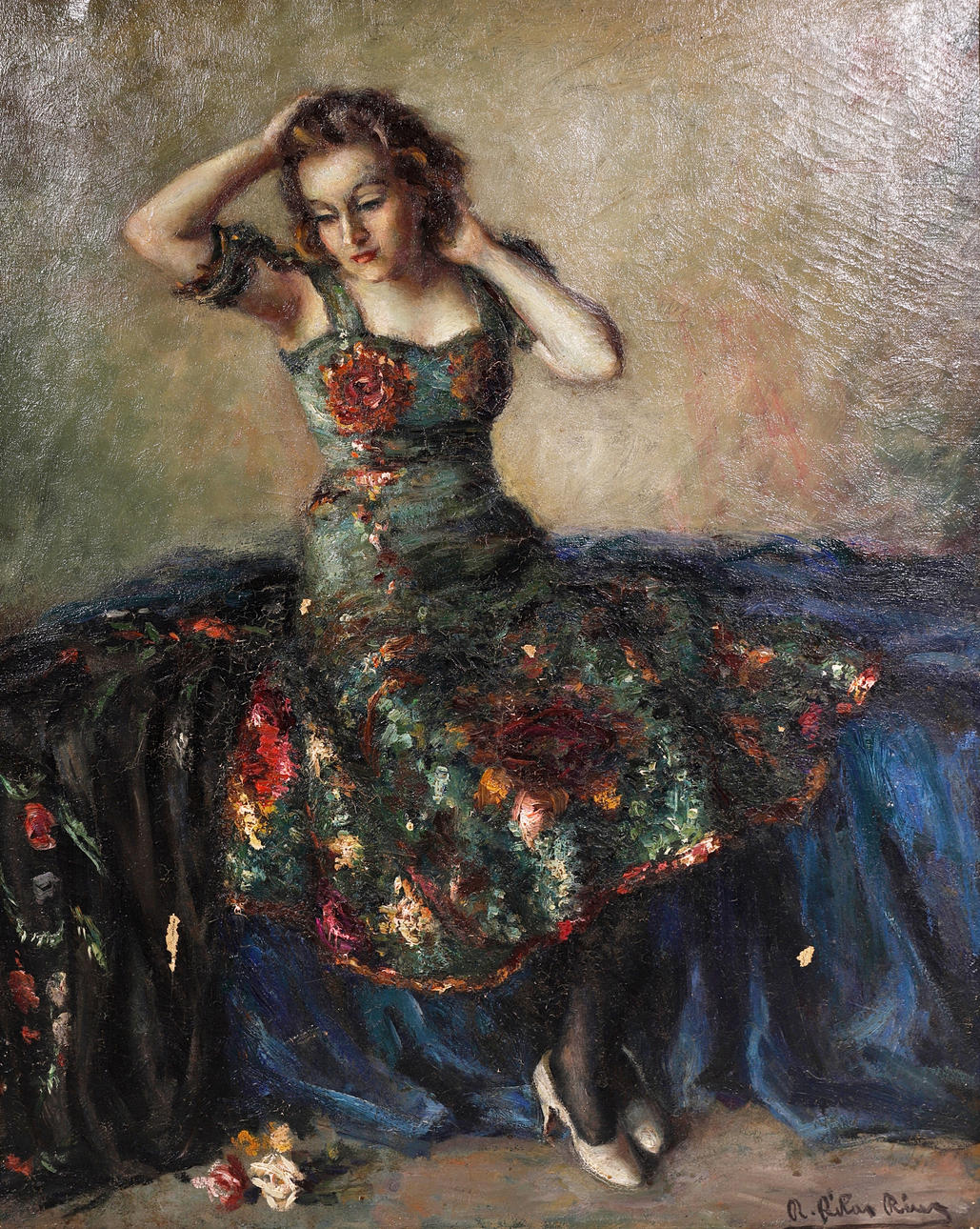 RAMON RIBAS RIUS. DAMA SENTADA. ÓLEO SOBRE LIENZO.