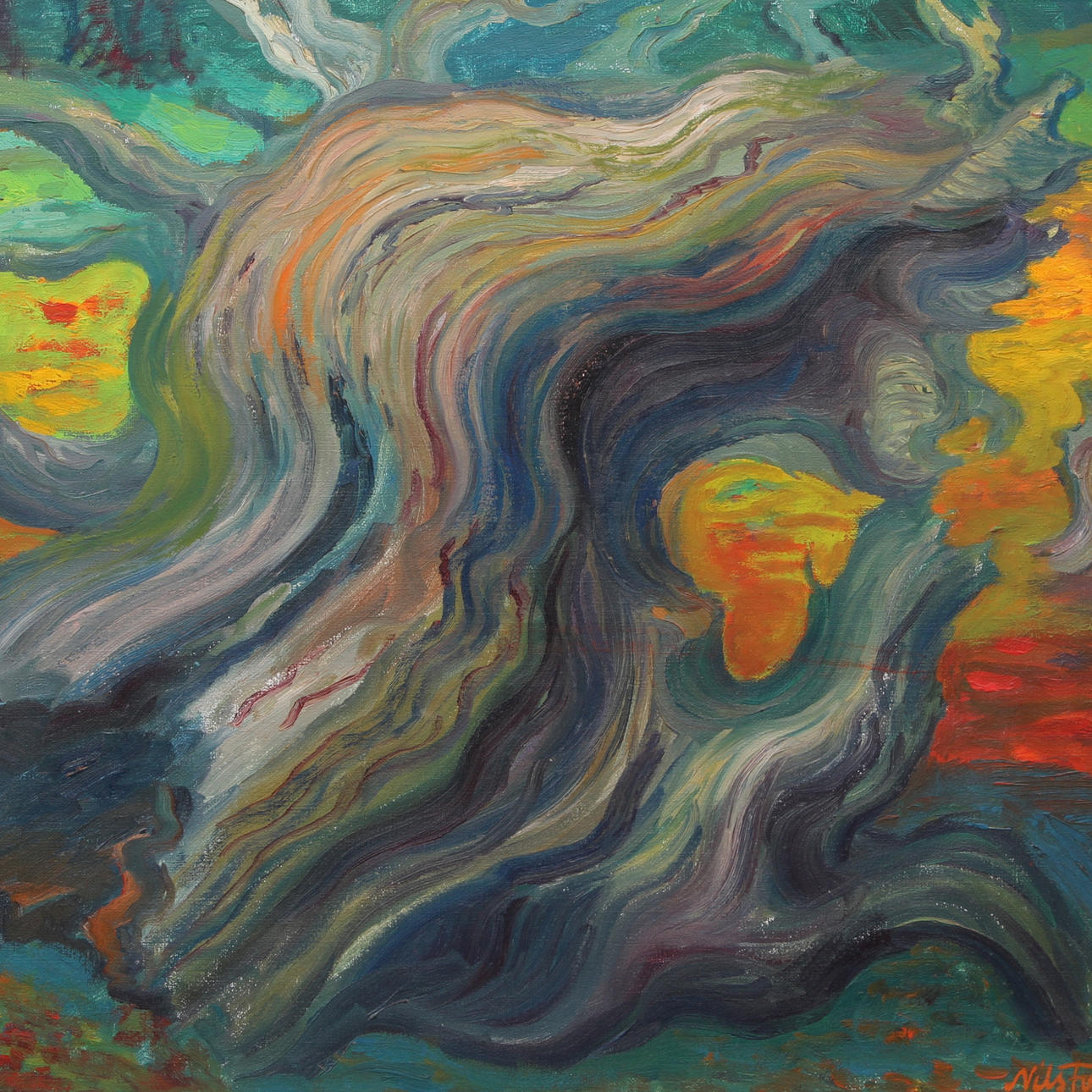 NILS FORSBERG. Olja på duk, "Murken skulptur på kalhygget", signerad.