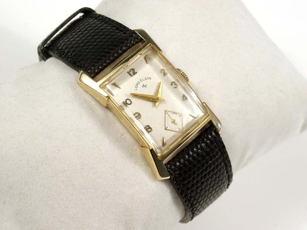 VINTAGE HERRKLOCKA, Lord Elgin, 585 gult guld med läderband, manuell.