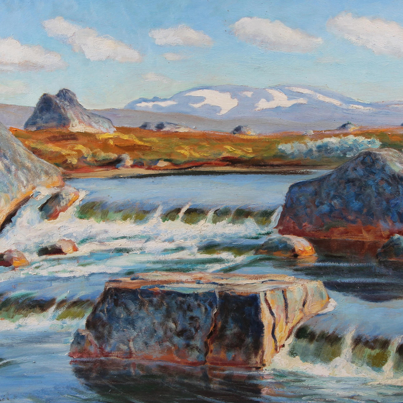 KARL TIRÉN. Olja på pannå, fors i fjällen, signerad samt daterad 1918.