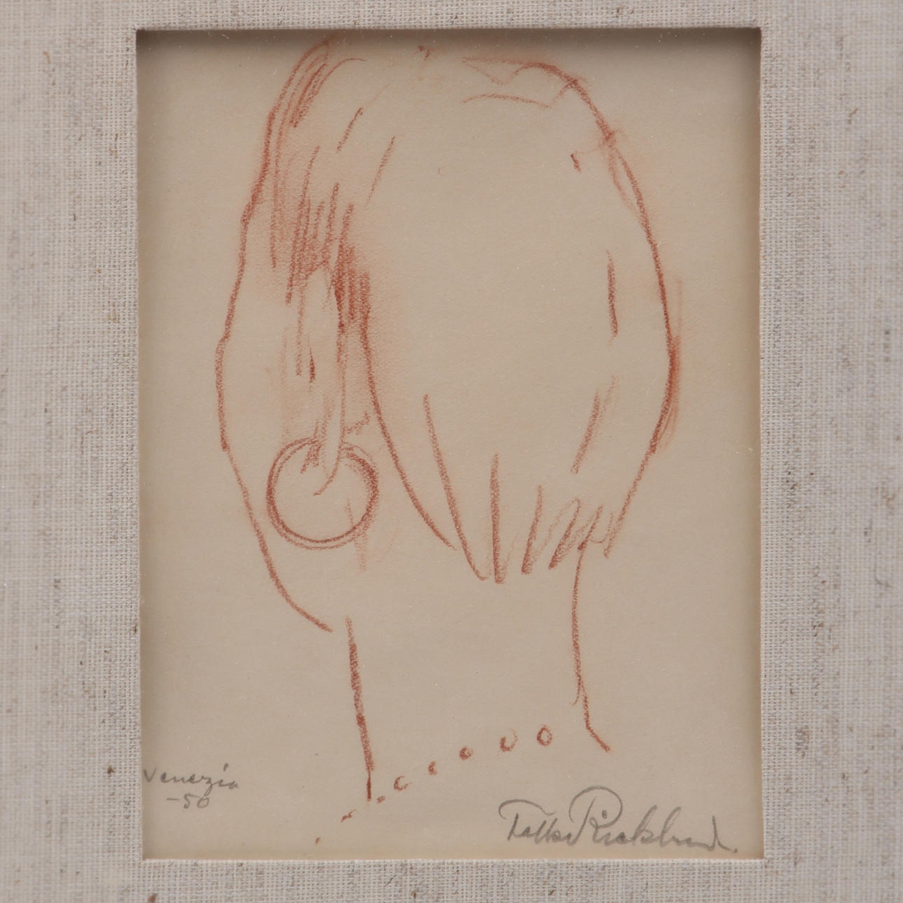 FOLKE RICKLUND. Teckning, rödkrita, porträtt från baksidan, signerad samt daterad -56.