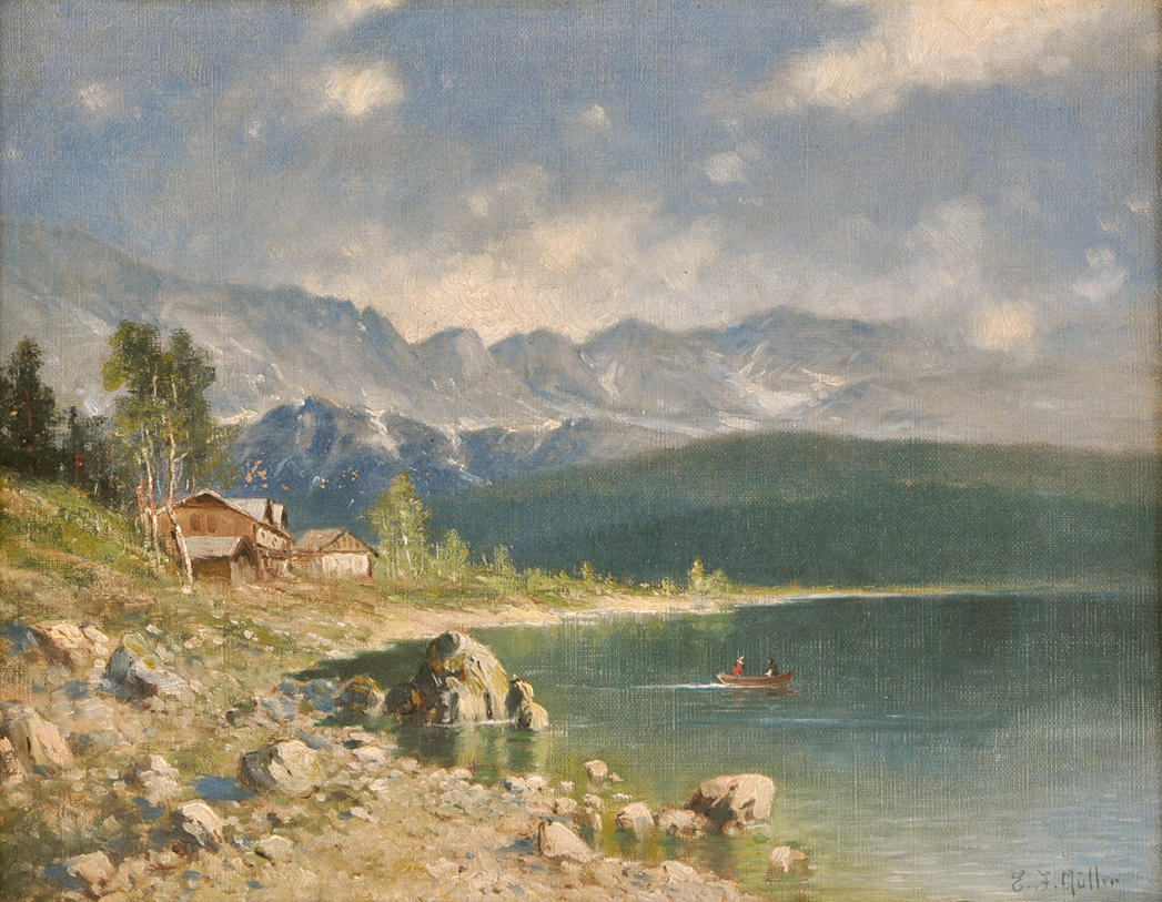 EDUARD JOSEF MÜLLER. ”FJÄLLSJÖ MED FISKEBÅT”. oljemålning ca. 1910. ceremoniella ram.