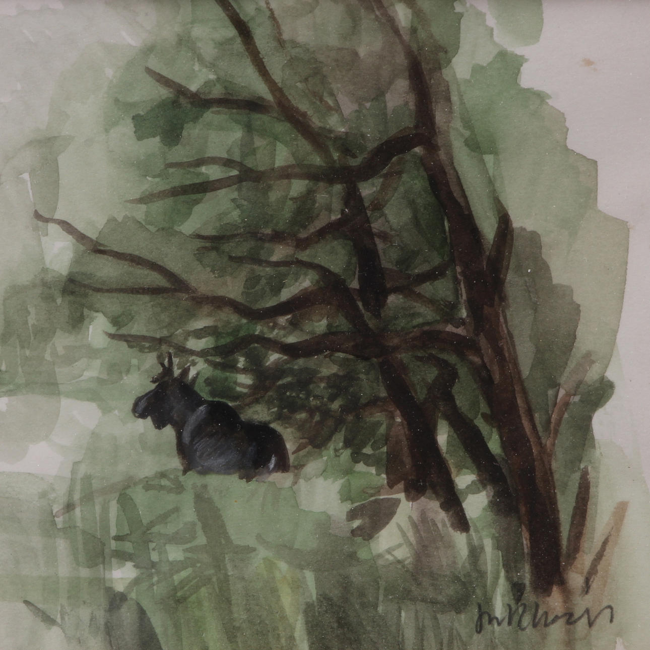 JAN RHODIN. Gouache, Älg i skog, signerad.