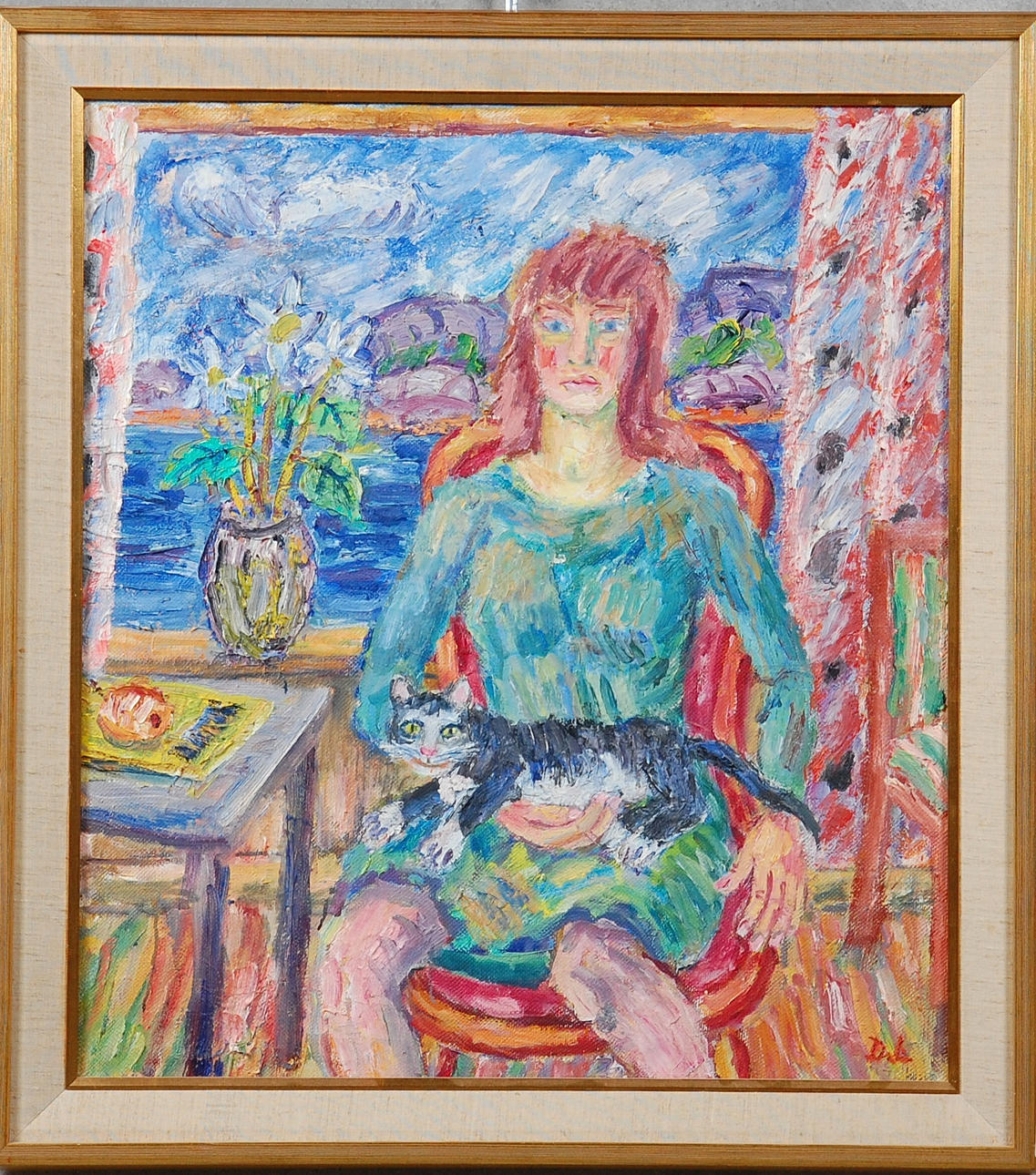 DAVID LARSSON. 1898-1976, olja på duk, " kvinna med katt " signerad DL.