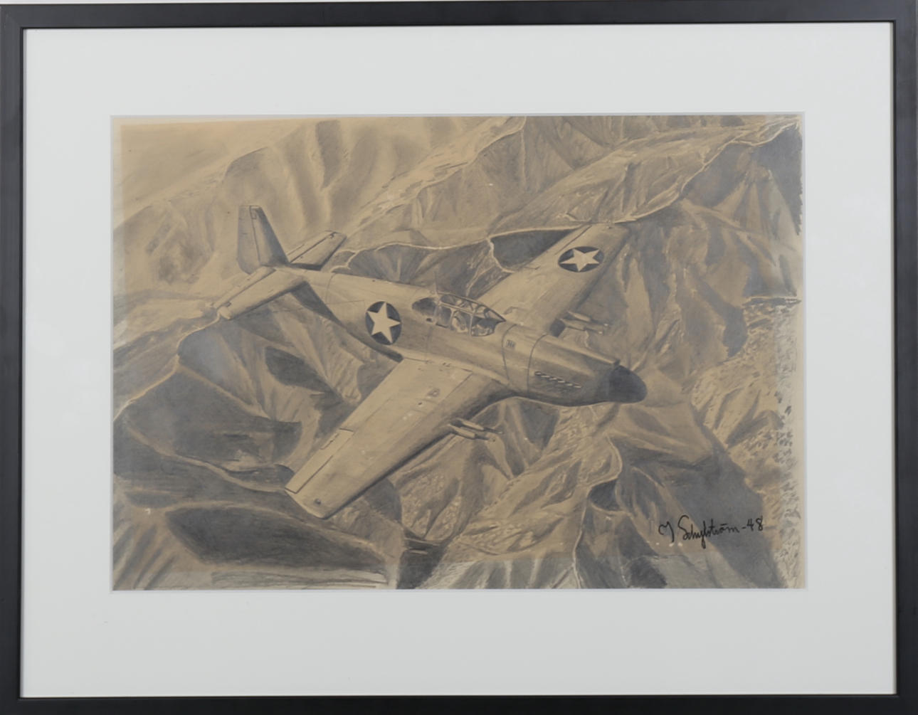 OIDENTIFIERAD KONSTNÄR. Blyerts teckning, "North American P-51A Mustang" signerad J Schylström samt daterad -48.