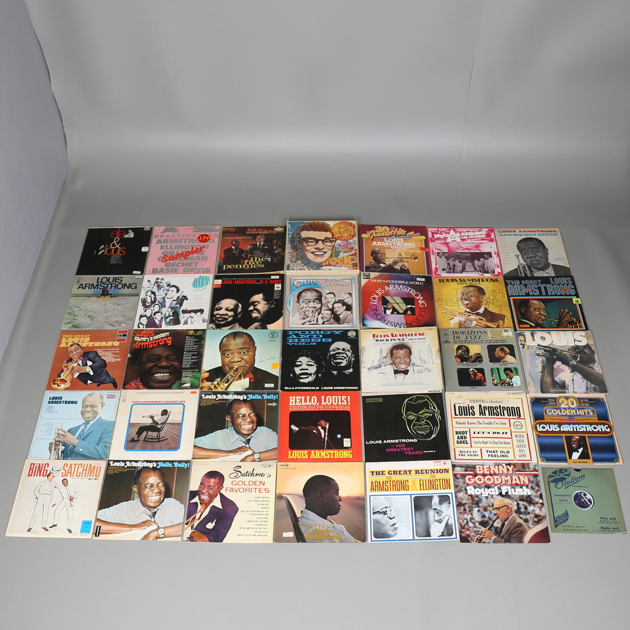 PARTI LP-SKIVOR, 34 st, Louis Armstrong och Buddy Holly-box.