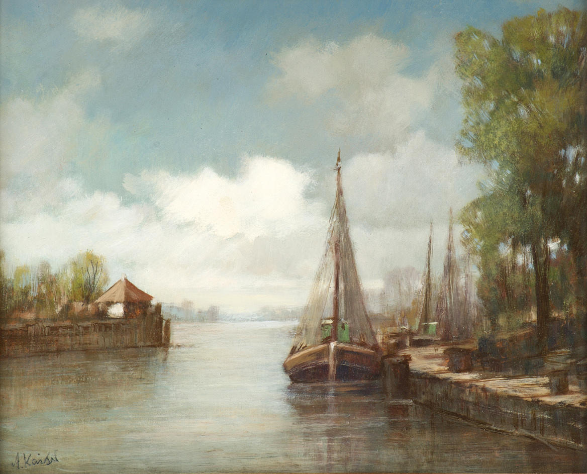 A. KAISER. ”OLJEMÅLNING PLATTBÅTAR PÅ PIREN”. Signerad och inramad, ca. 1950.