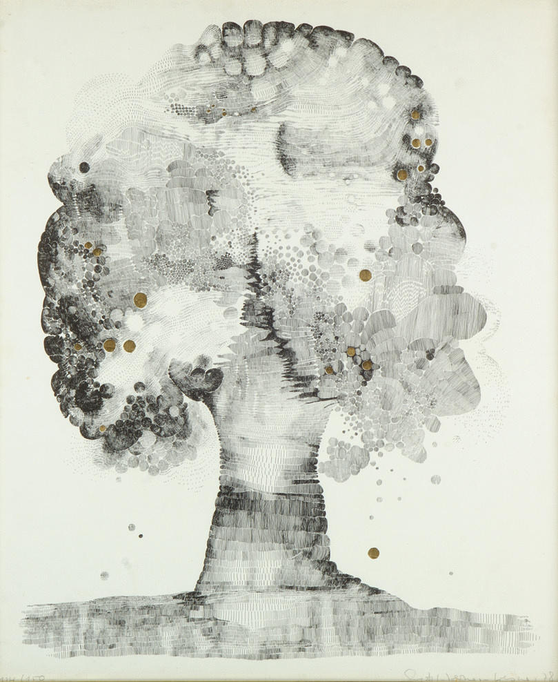 FRITZ WERNER. ”B/W LITOGRAFI MED GYLLENE ACCENTER”. abstrakt blommande träd, signerat och daterat.