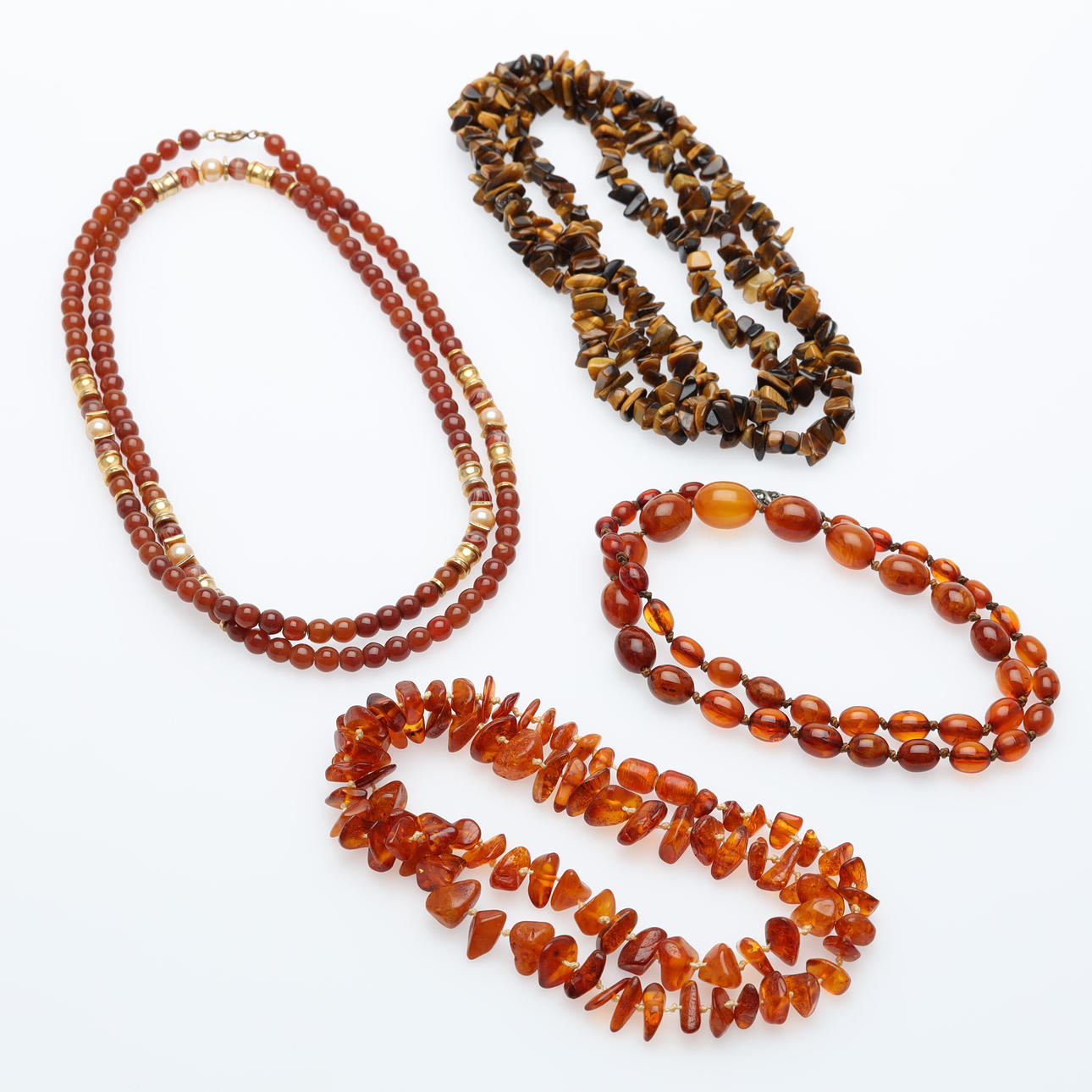 HALSKETTE, 4 Stück, Glas, Stein, Bernstein.