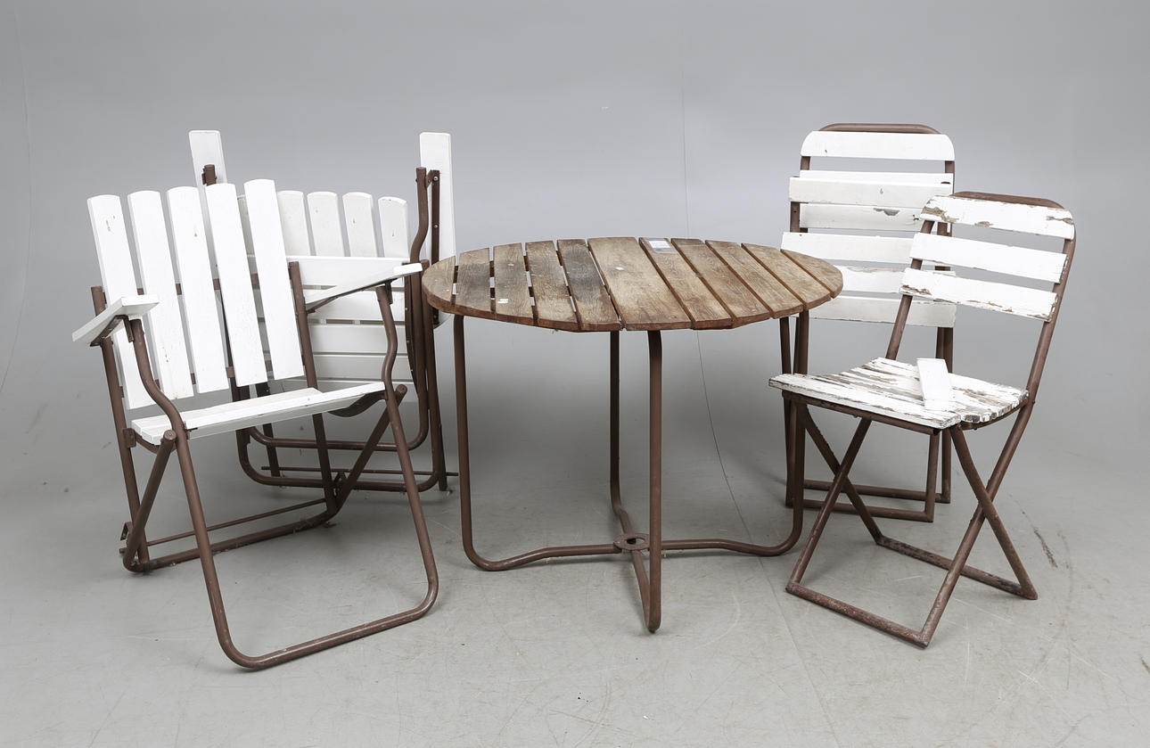 TRÄDGÅRDSMÖBEL, 5 del, trä/stålrör, 1960 tal.