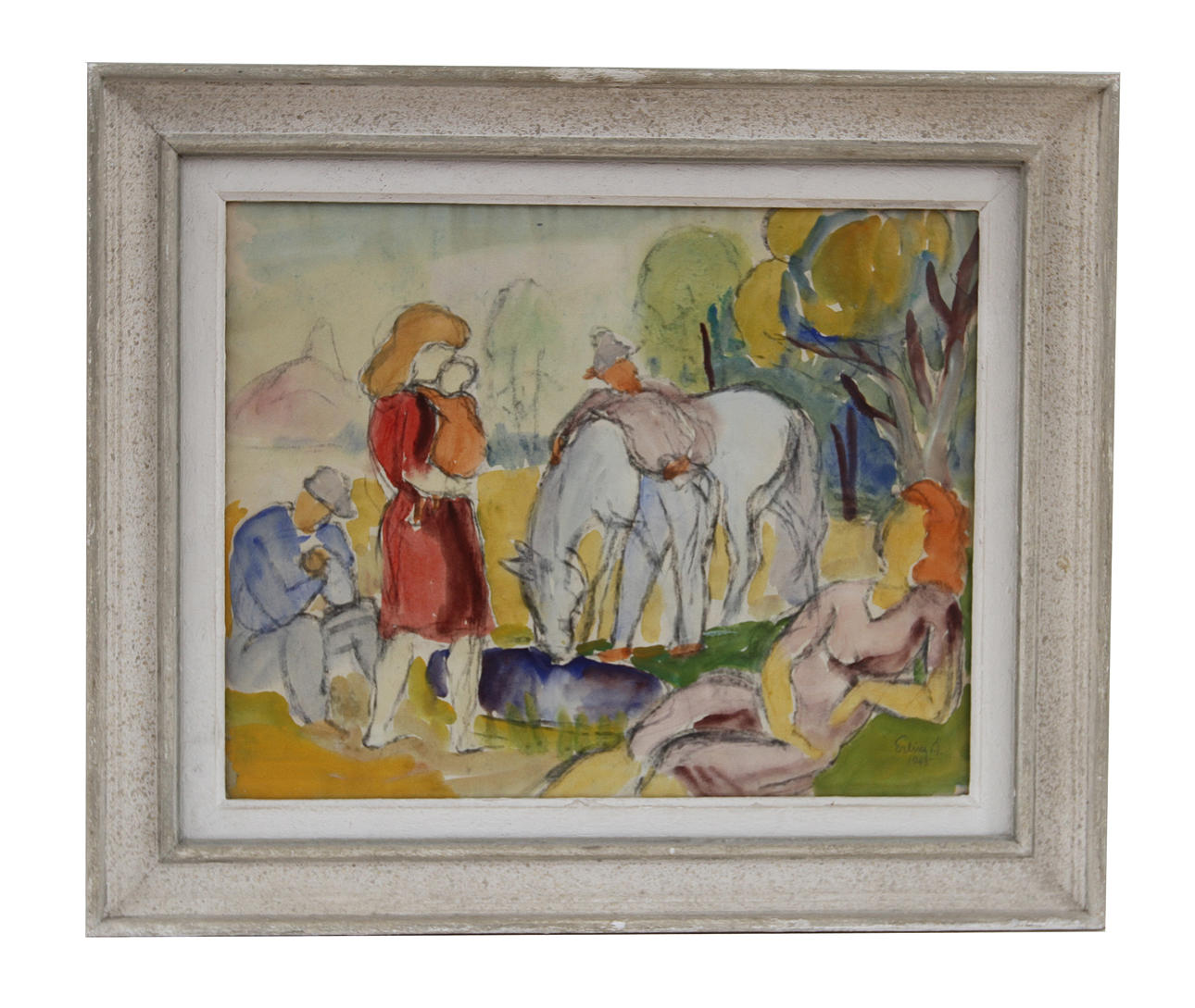 ERLING ÄRLINGSSON. Akvarell. Figurer och vit häst, signerad Erling Ä 1945.