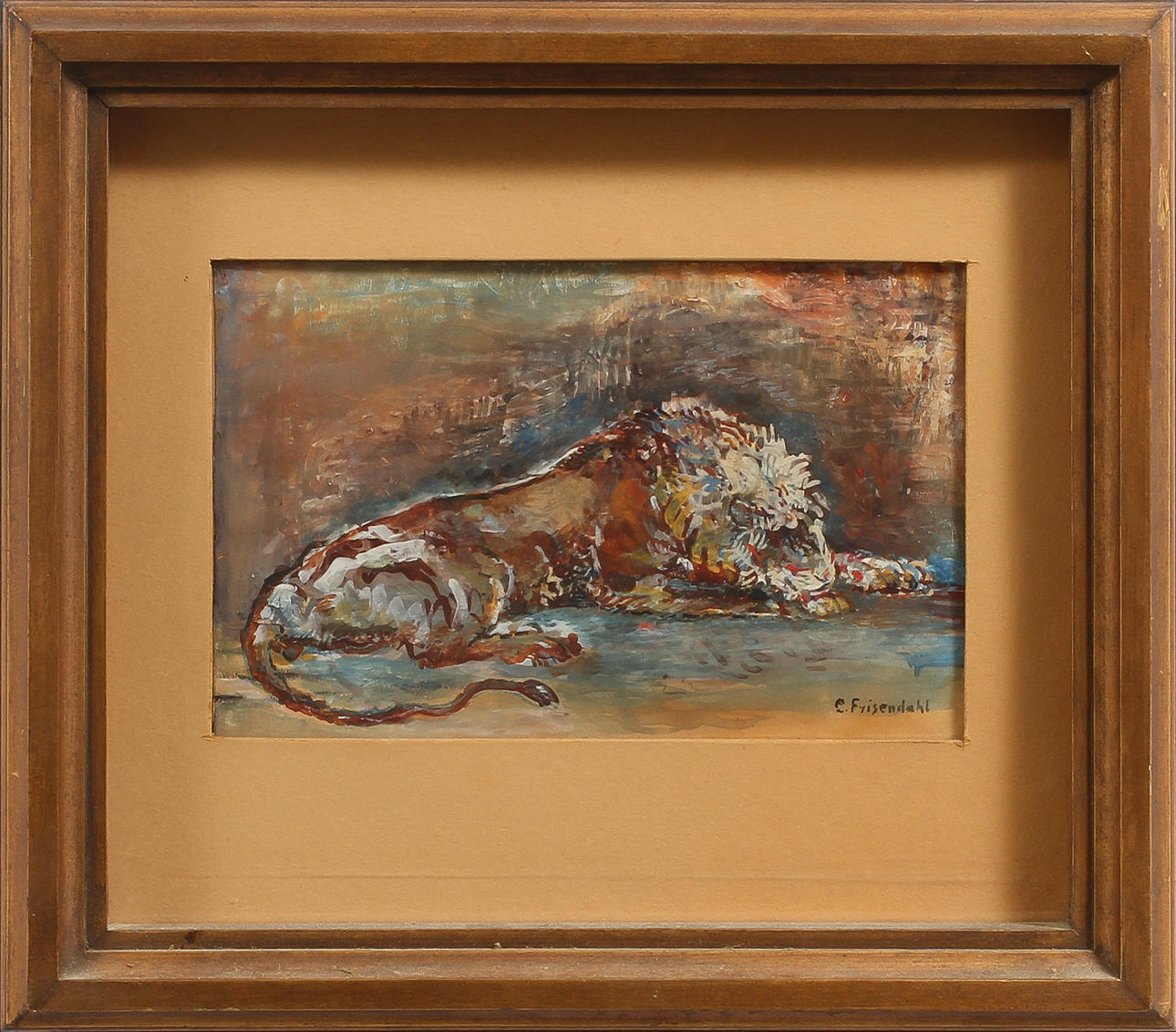 CARL FRISENDAHL. Liggande lejon. Blandteknik, signerad.