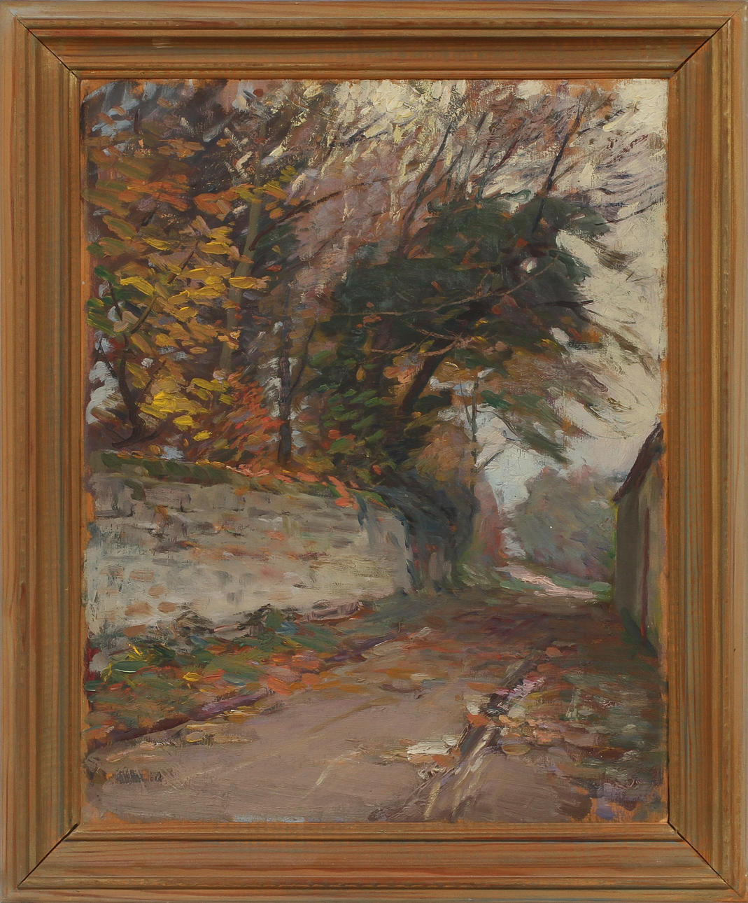 ERIK SÄÄF. TILLSKRIVEN. Fransk gränd i höstskrud. Olja på pannå.