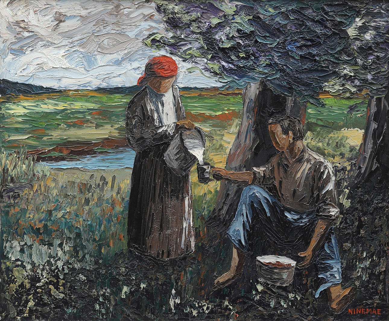 BORIS NINEMAE. "Middagsrast", oil on canvas, signed.