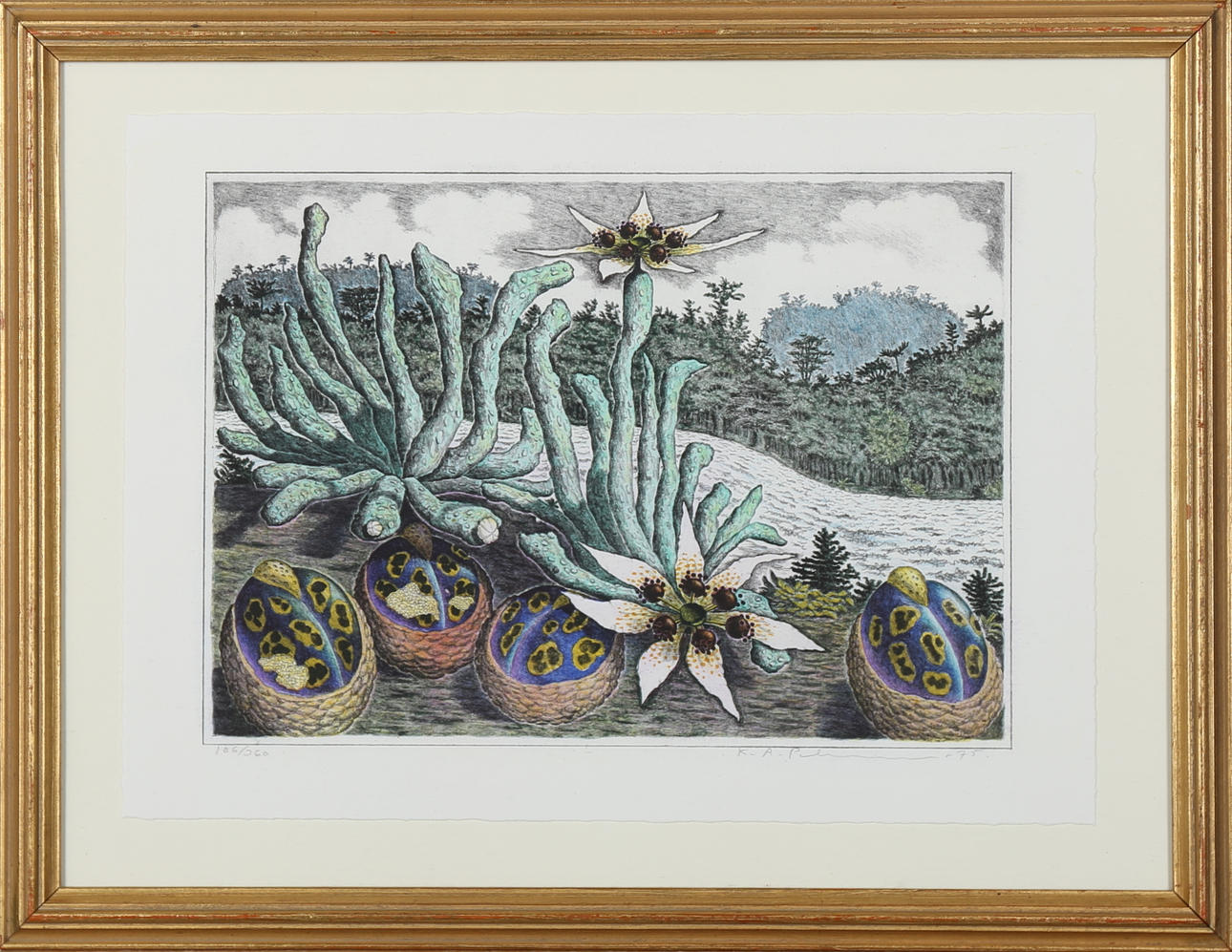 KARL AXEL PERSSON. Naturfantasi, färglitografi, signerad och daterad K.A. Persson -75 samt numrerad 186/360.