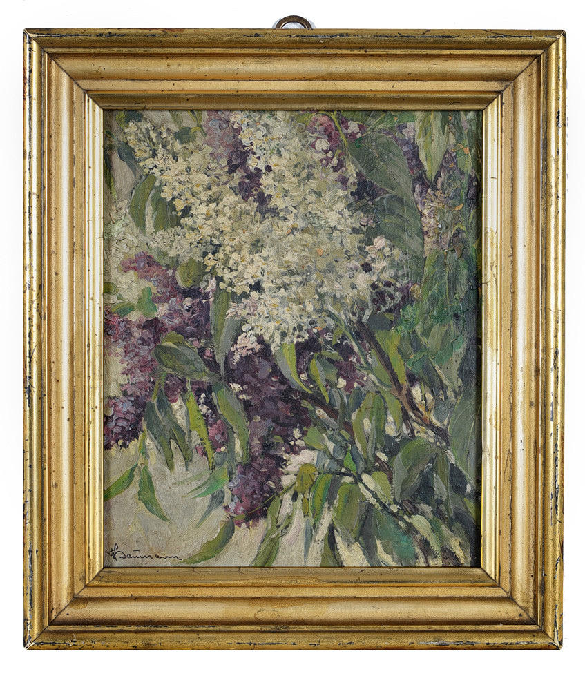 H. BAUMANN. "Still Life with Lilac Bush". oil on cardboard.