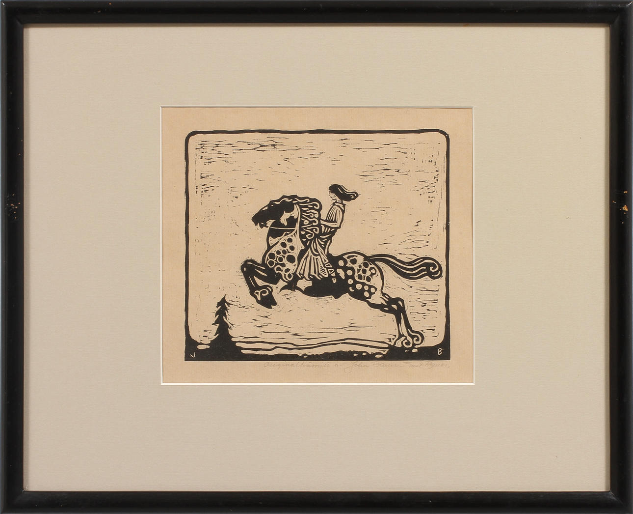 JOHN BAUER. Ryttare, träsnitt, monogramsignerad i trycket. Intygad av Ernst Bauer.