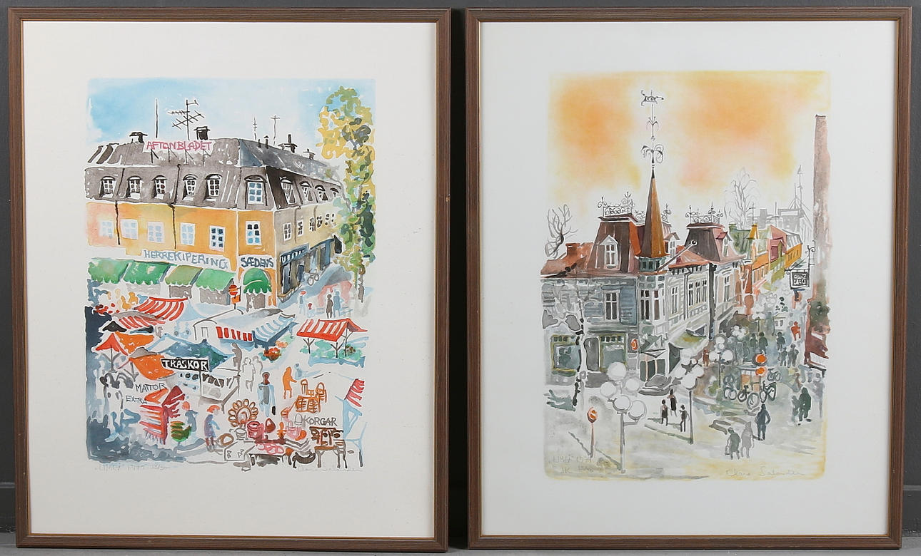 CLARA SALANDER. "Umeå 1979", 2 st, färglitografier, signerad och märkt HC 13/30.