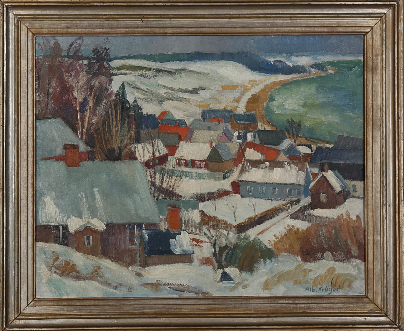 ALBERT KRÜGER. Vitemölla, olja på pannå, signerad.