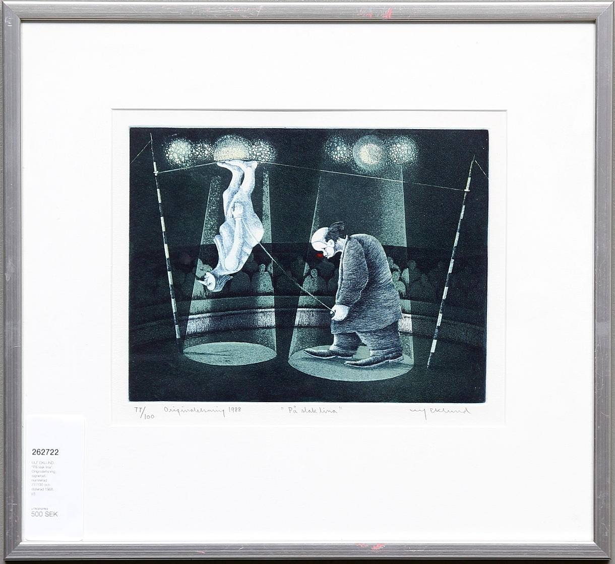 ULF EKLUND. "På slak lina". Originaletsning, signerad, numrerad 77/100 och daterad 1988.