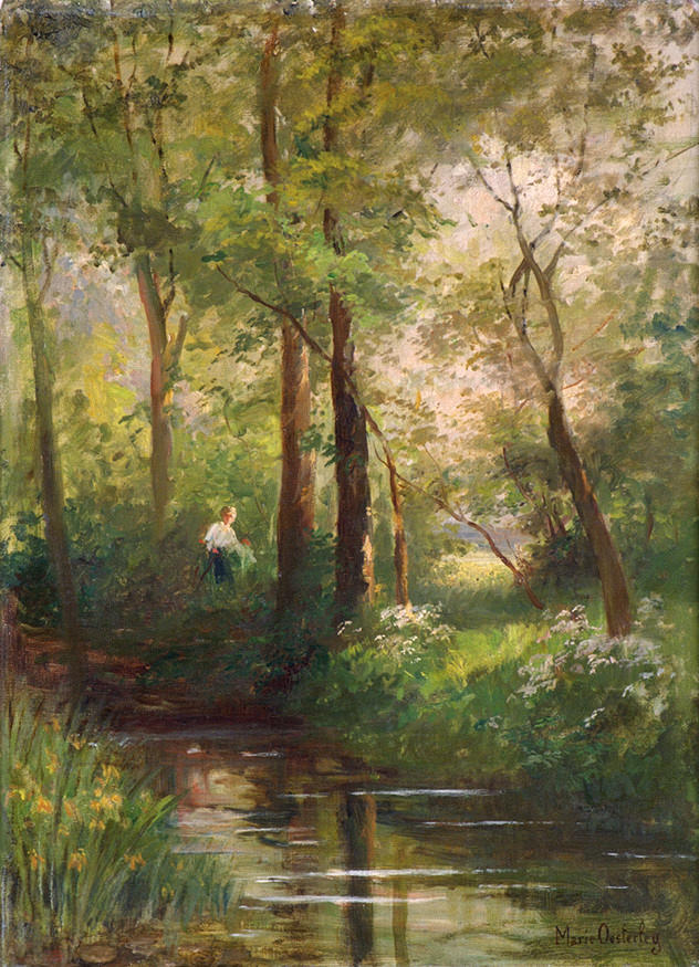 OESTERLEY, MARIE. Dam i skogsröjning, signerad. olja/trä. Runt 1890. Tyskland.