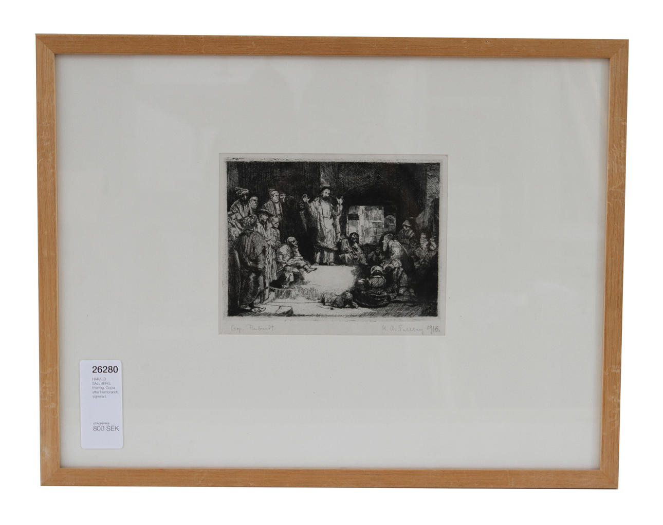 HARALD SALLBERG. Etsning. Copia efter Rembrandt, signerad.
