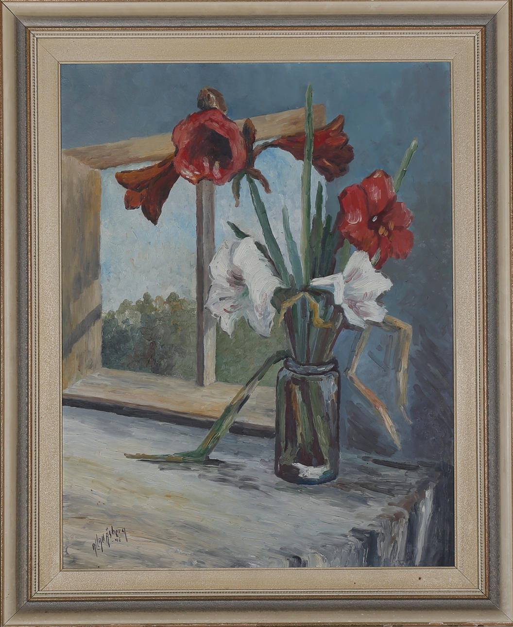 ALLAN ÅSBERG. Olja på pannå, stilleben med amaryllis, signerad samt daterad -46.