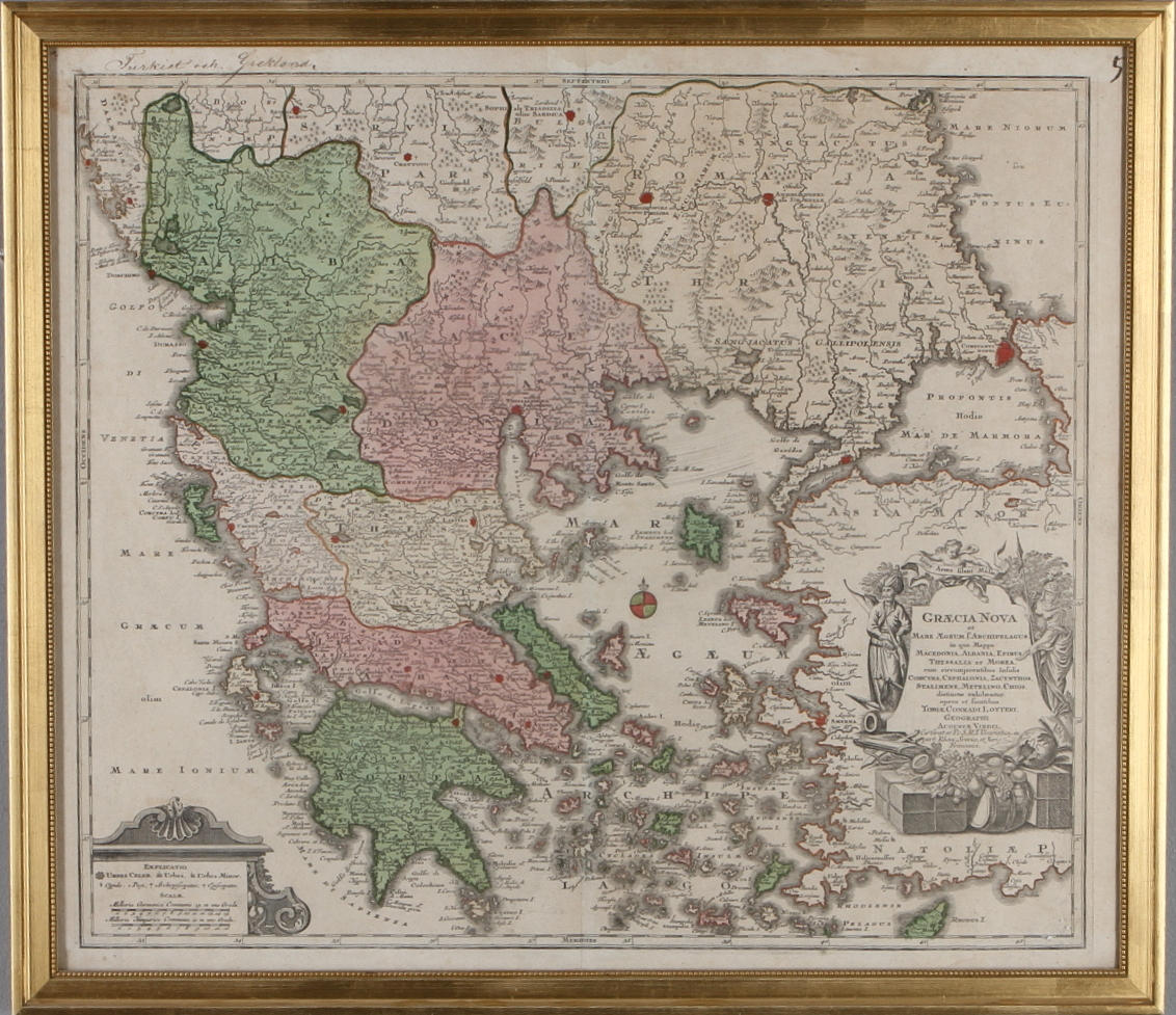 KARTA, Över Grekland, Makedonien, Albanien..., kolorerad, Tobias Conrad Lotter, 1700-tal.