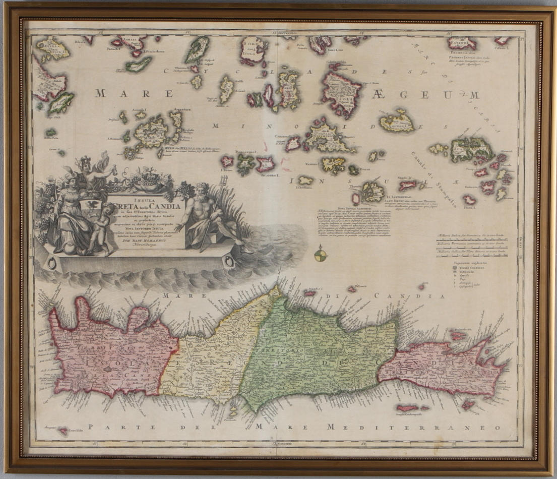 KARTA, över Kreta, kolorerad, Johann Baptist Homann, 1700-tal.