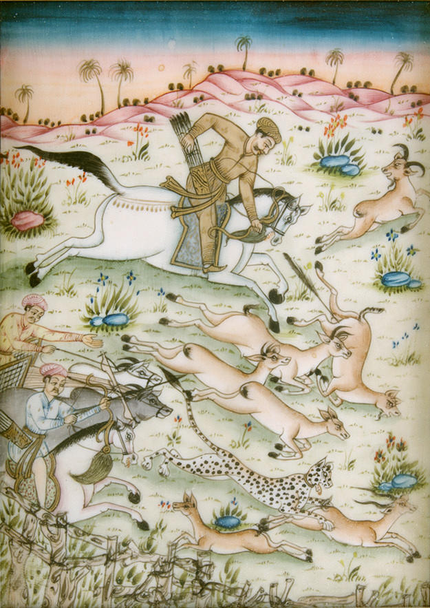 ”MINIATYR MÅLNING PERSISK JAKT SCEN”. Olika figurer i kuperat landskap, 1900-talets mitt.