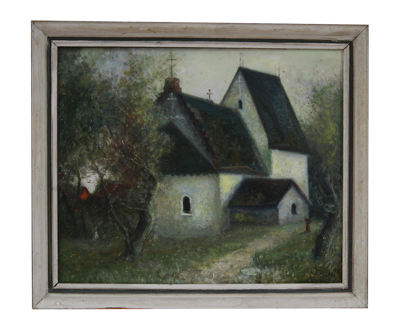 DAVID JETTE. Olja på pannå, kyrka, signerad-42.